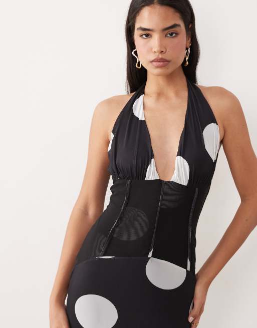 ASOS DESIGN - Getailleerde maxi jurk met korsetdetail en fishtail-zoom in stippen, 3 van 4