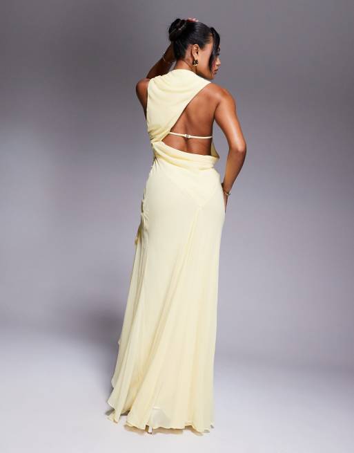 ASOS DESIGN - Getailleerde maxi jurk met ruches en open achterkant in zachtgeel, 2 van 4