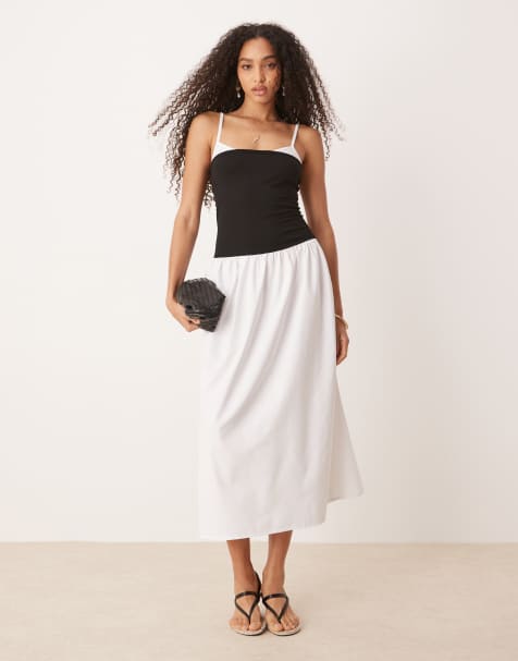 ASOS DESIGN - Getailleerde maxi jurk van popelinemix in zwart en ivoorwit - view 1