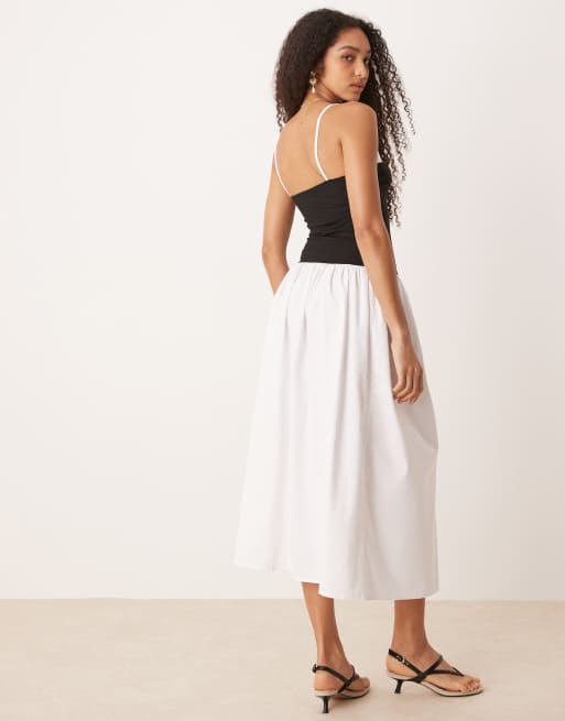 ASOS DESIGN - Getailleerde maxi jurk van popelinemix in zwart en ivoorwit, 3 van 4