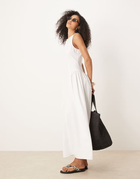 ASOS DESIGN - Getailleerde midi jurk met rechte hals in wit - view 1
