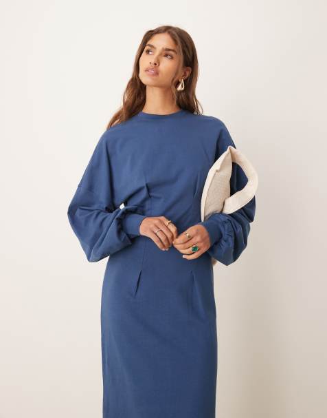 ASOS DESIGN - Getailleerde midi jurk van sweaterstof in marineblauw - view 1