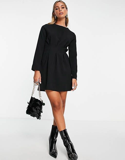 ASOS DESIGN - Getailleerde mini-jurk met lange mouwen in zwart