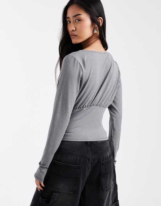 ASOS DESIGN - Getailleerde top met knoopdetail in gemêleerd grijs, deel van co-ord set, 2 van 4