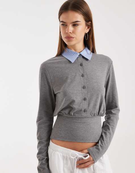 ASOS DESIGN - Getailleerde top van popeline met contrasterende kraag en knopen aan de voorkant in antracietgrijs - view 1