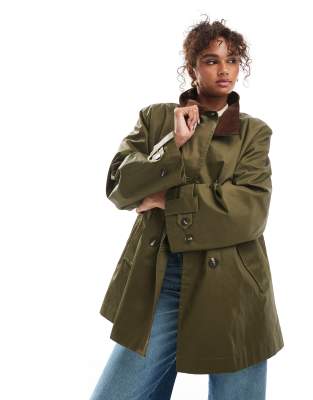 ASOS DESIGN - Gewachster Trenchcoat mit Steppfutter in Olivgrün
