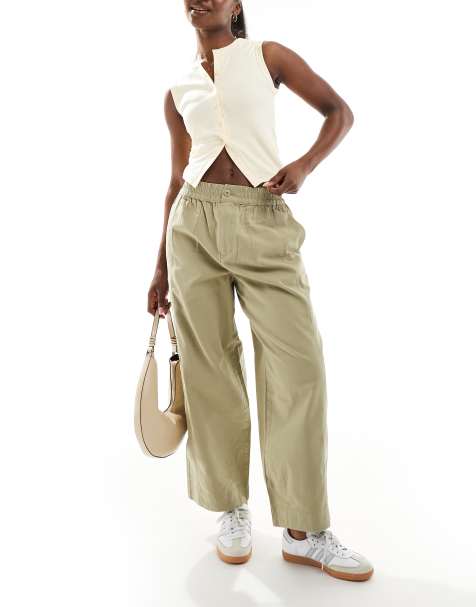 ASOS DESIGN - Gewassen broek met wijde ronde pijpen en elastische taille in kaki - view 1