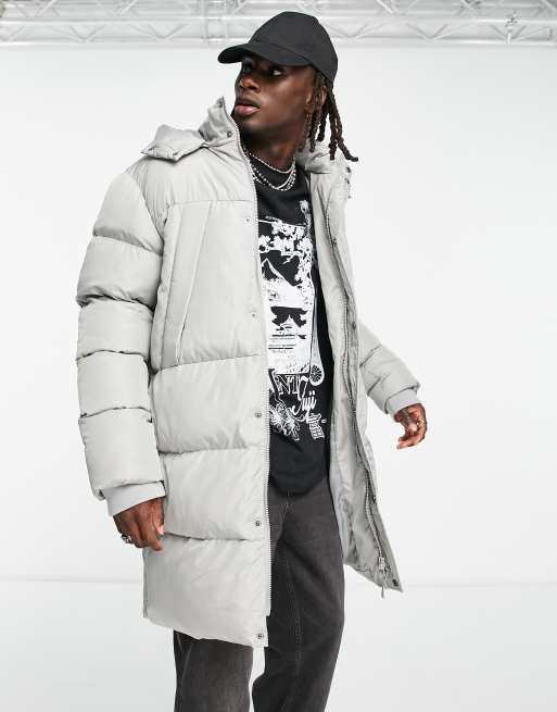 ASOS DESIGN - Gewatteerd jack met afneembare capuchon en lange pasvorm in grijs
