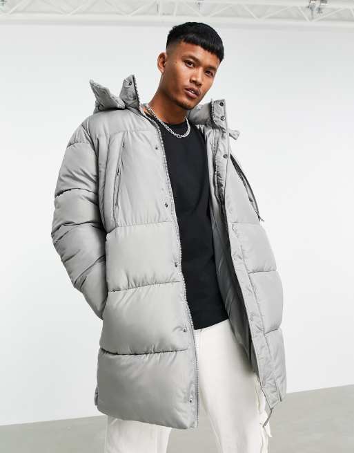 ASOS DESIGN - Gewatteerd jack met afneembare capuchon en lange pasvorm in grijs