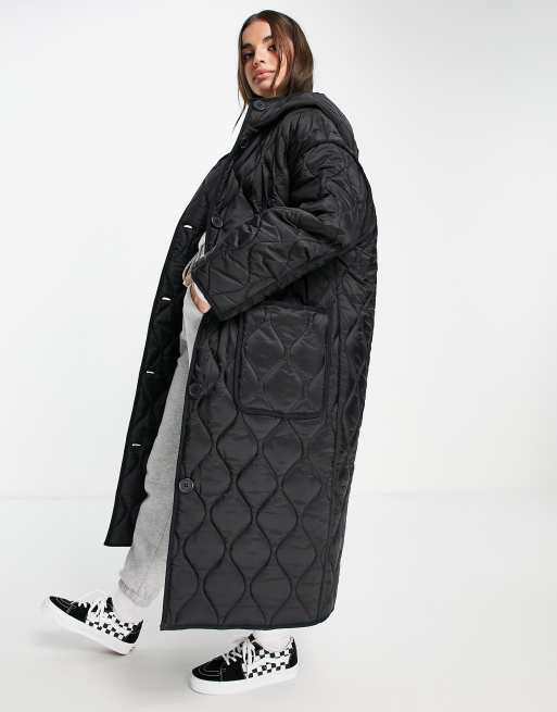 ASOS DESIGN - Gewatteerd jack met lange pasvorm en capuchon in zwart
