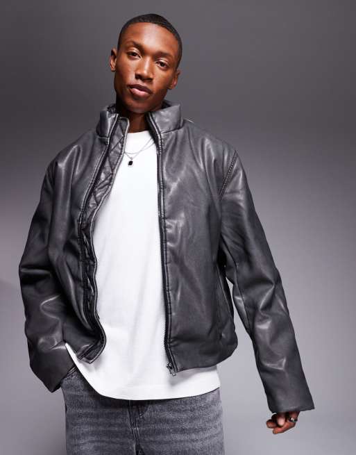 ASOS DESIGN - Gewatteerd jack van imitatieleer in zwart met wassing