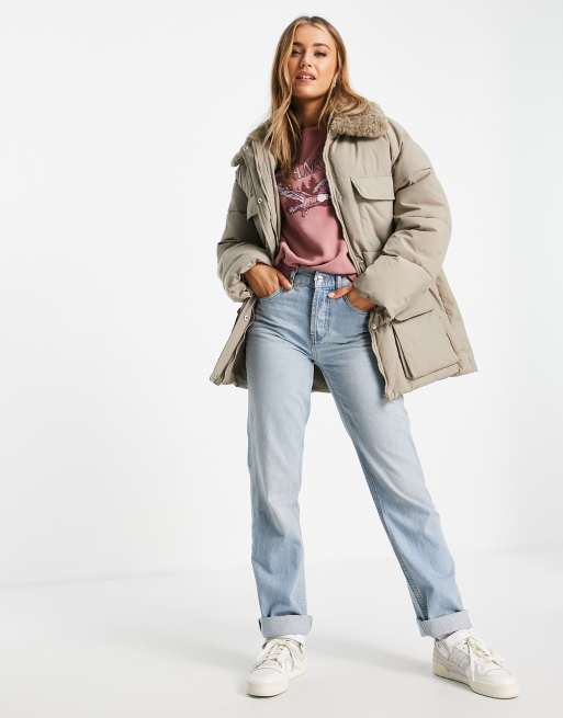 ASOS DESIGN - Gewatteerd puffer jack met borgkraag en vier zakken in beige