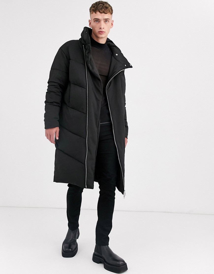 ASOS DESIGN - Gewatteerde lange jas met opstaande boord in zwart
