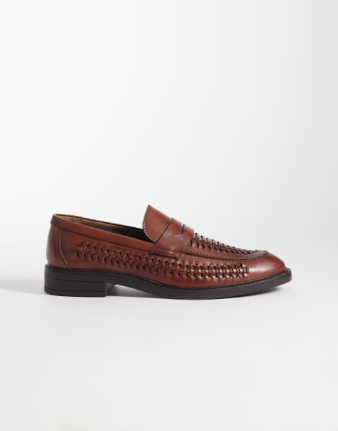 ASOS DESIGN – Gewebte Penny-Loafer aus Leder in Hellbraun - view 1