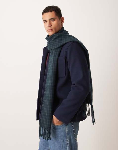 ASOS DESIGN – Gewebter Schal in Marineblau und Grün mit Hahnentrittmuster - view 1