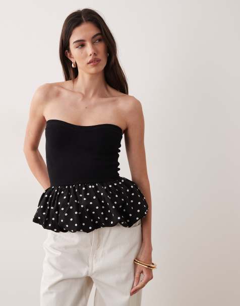 ASOS DESIGN - Geweven bandeau-top met ruches aan de zoom in zwart met witte stippen - view 1