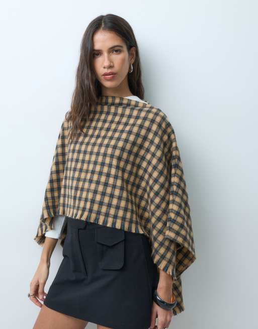 ASOS DESIGN geweven cape met ruit in camel en blauw, 3 van 5