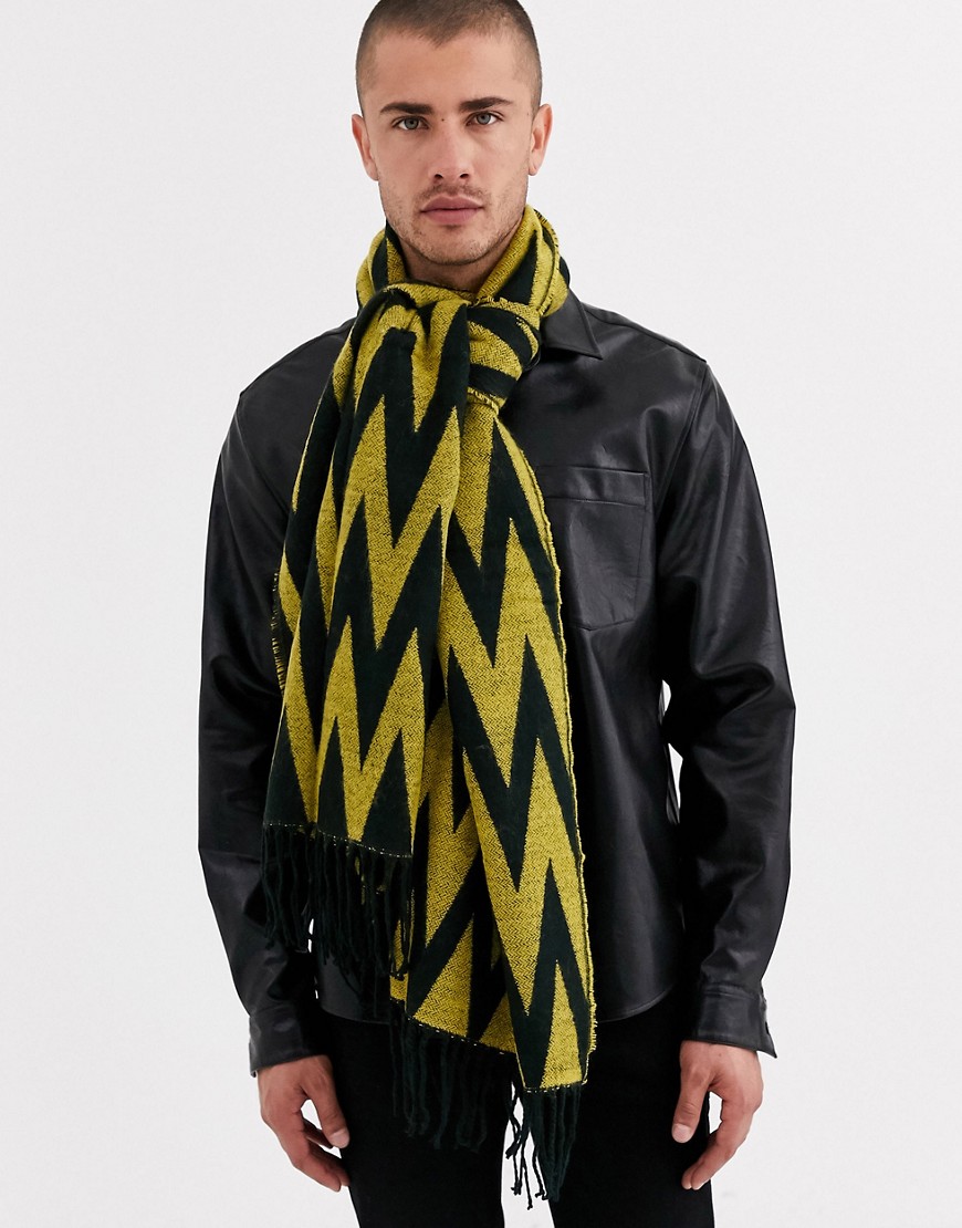 ASOS DESIGN - Geweven grote sjaal in zwart en gele zigzagprint-Multi