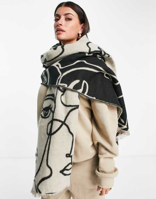 ASOS DESIGN - Geweven jacquard sjaal met abstract gezicht in stone en zwart, 3 van 4