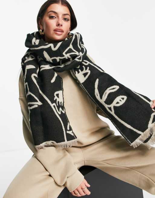 ASOS DESIGN - Geweven jacquard sjaal met abstract gezicht in stone en zwart, 4 van 4