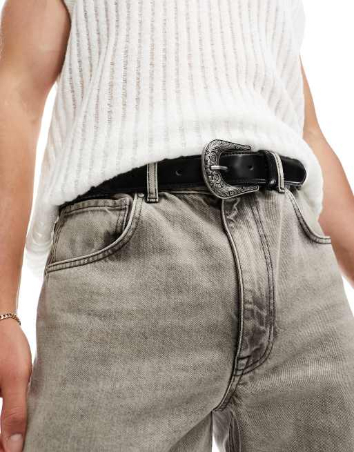 ASOS DESIGN - Geweven leren riem met westerngesp in zwart