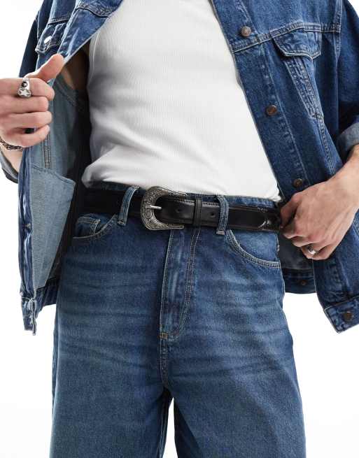 ASOS DESIGN - Geweven leren riem met westerngesp in zwart