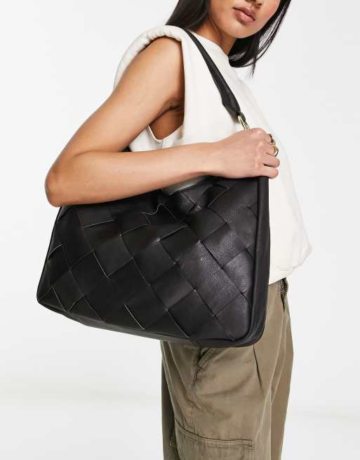 ASOS DESIGN - Geweven leren tote tas met buisvormige biezen in zwart 