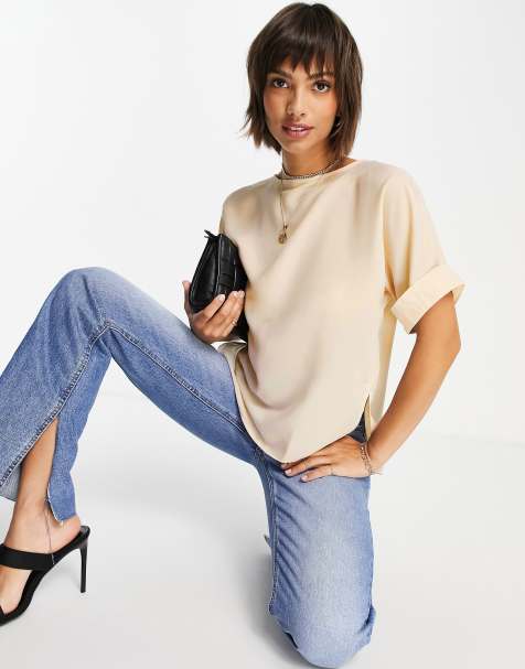 ASOS DESIGN - Geweven oversized T-shirt met omgeslagen mouwen in oesterkleur - view 1