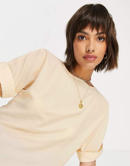 ASOS DESIGN - Geweven oversized T-shirt met omgeslagen mouwen in oesterkleur, 2 van 4