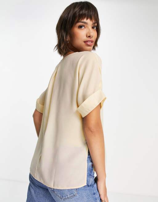 ASOS DESIGN - Geweven oversized T-shirt met omgeslagen mouwen in oesterkleur, 3 van 4