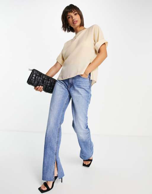 ASOS DESIGN - Geweven oversized T-shirt met omgeslagen mouwen in oesterkleur, 4 van 4