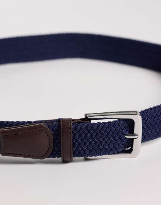 ASOS DESIGN - Geweven riem met uiteinde van imitatieleer in marineblauw, 2 van 3