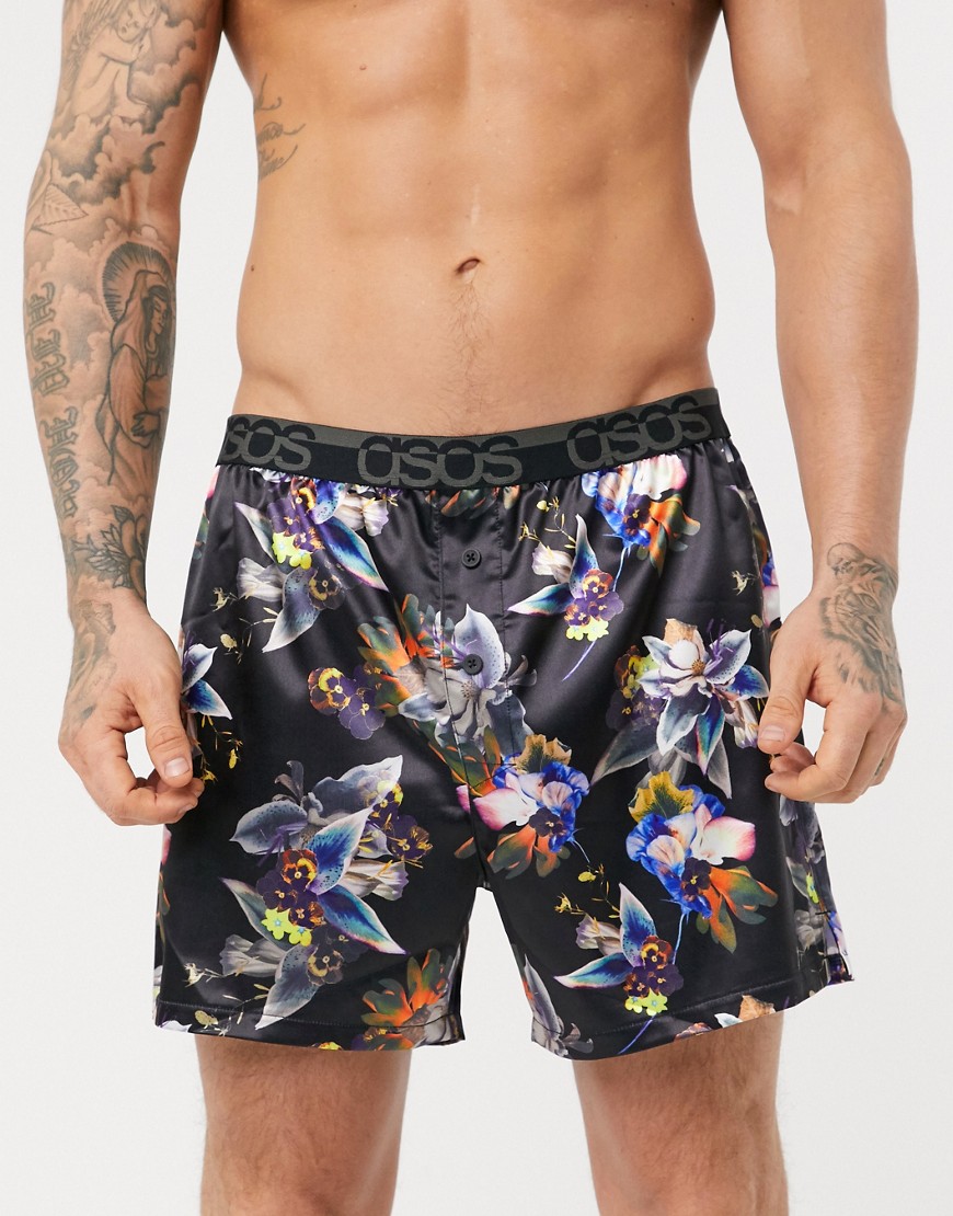 ASOS DESIGN - Geweven satijnen boxershort met fotografische bloemenprint en tailleband met logo in dezelfde tint-Multi