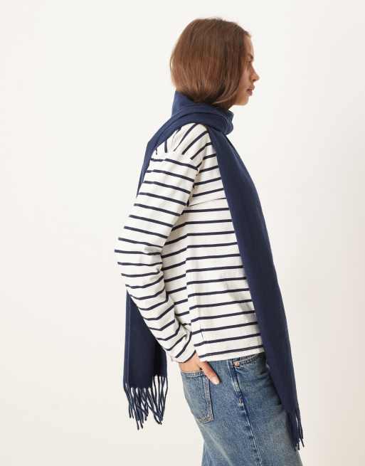 ASOS DESIGN - Geweven sjaal met kwastjes in marineblauw, 2 van 3