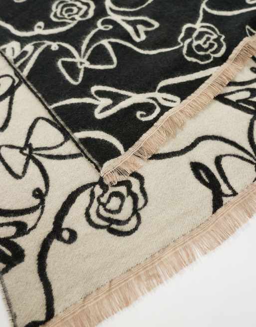 ASOS DESIGN - Geweven sjaal van abstracte strik- en bloemen-jacquard in zwart en wit, 3 van 3