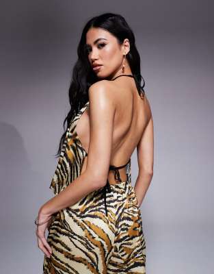 Asos Design Gia Satin Beach Halter Top In Animal Print