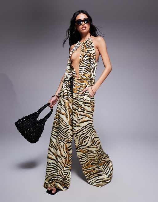 ASOS DESIGN Gia satin beach halter top in animal print, 4 of 4