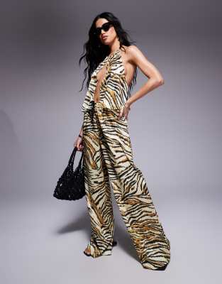 ASOS DESIGN Gia - Satin-Strandhose mit Animalprint-Bunt