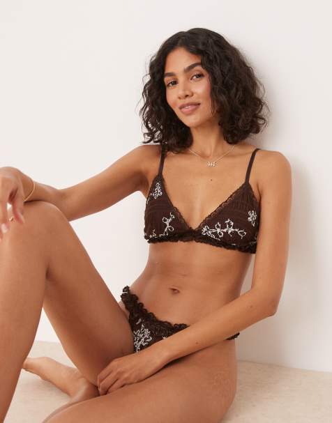 ASOS DESIGN Gia vintage ruffle soft bra in chocolate