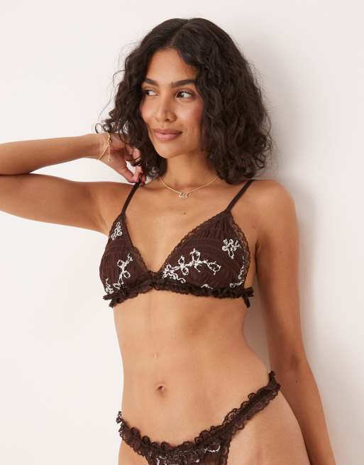 ASOS DESIGN Gia vintage ruffles soft bra in chocolate, 3 of 4