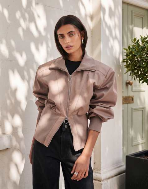 ASOS DESIGN giacca a coste profonde con vita stretta e chiusura con zip in tan - view 1