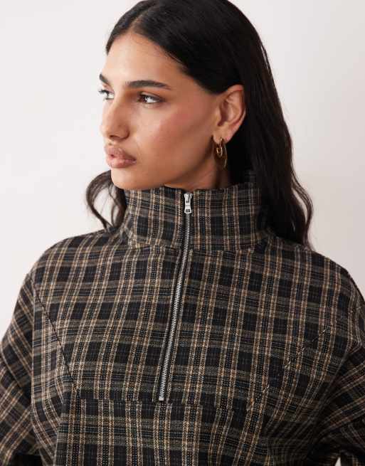 ASOS DESIGN - Giacca a vento spazzolata marrone a quadri con zip corta, 3 di 4