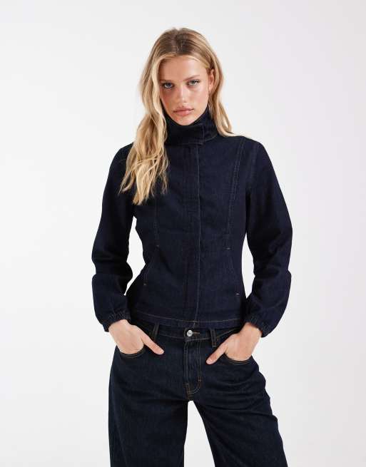 ASOS DESIGN - Giacca attillata in denim indaco con collo a imbuto, 2 di 4