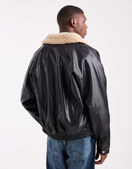 ASOS DESIGN - Giacca aviatore nera con colletto in pile borg, 3 di 5