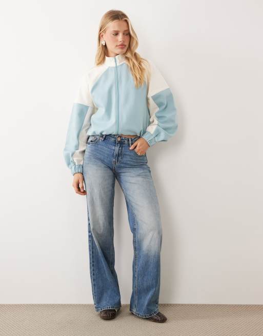 ASOS DESIGN - Giacca azzurra in tessuto interlock con collo a imbuto, zip e profili a contrasto, 2 di 4