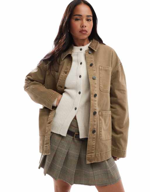 ASOS DESIGN - Giacca barn in denim marrone con colletto a contrasto, 4 di 4