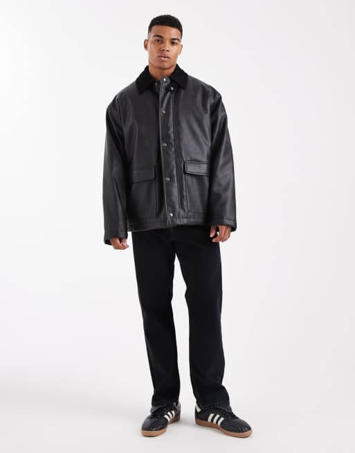 ASOS DESIGN - Giacca barn oversize nera con colletto in tessuto a coste, 2 di 5