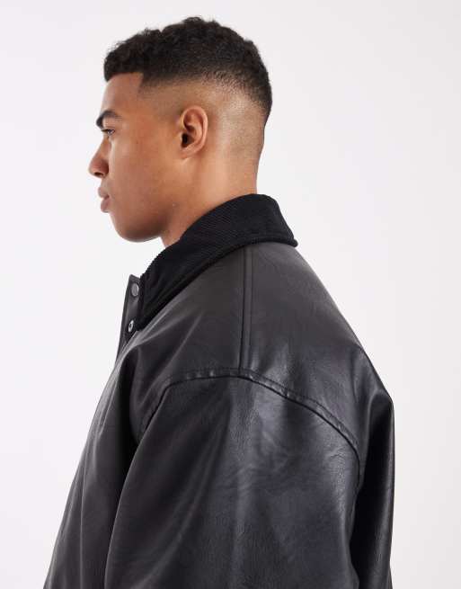 ASOS DESIGN - Giacca barn oversize nera con colletto in tessuto a coste, 4 di 5