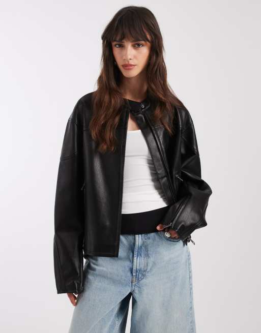 ASOS DESIGN - Giacca biker da motociclista in pelle sintetica nera