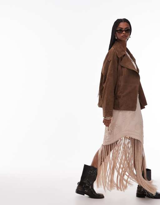 ASOS DESIGN - Giacca biker in vera pelle scamosciata marrone con fodera trapuntata, 2 di 4